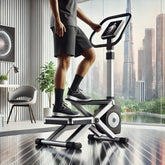 A realistic, high-quality photo of a person using a slimming exercise fitness stepper in a modern home setting. The stepper is a compact, foot-pedal